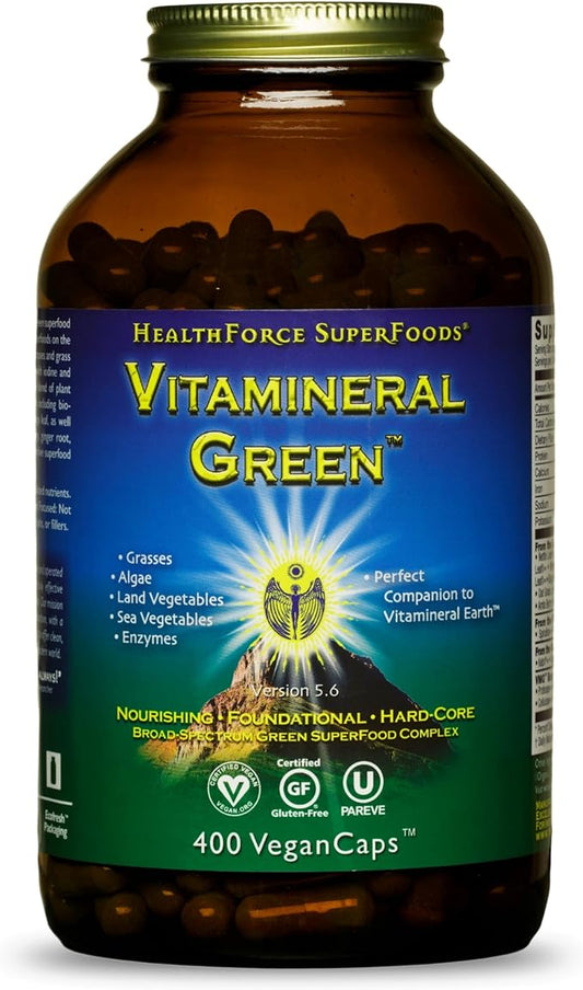 HealthForce SuperFoods Vitamineral Green - Mineral Supplement for Immune & Thyroid Support - Green Powder Supplement with Ingredients from The Land - Gluten-Free & Vegan - 400 Capsules