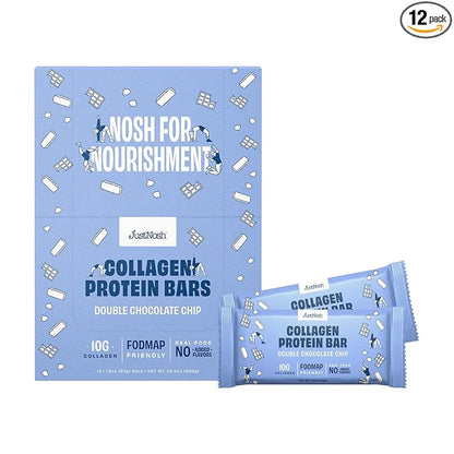 JustNosh Collagen Protein Bars, 10g Collagen, 15g Protein, Gluten Free, Dairy Free, FODMAP Friendly, Seed Oil Free Certified, Clean Ingredients | Double Chocolate Chip (12 Pack)