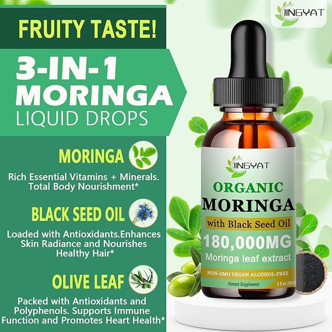 Organic Moringa Liquid Drops,Pure Moringa Oleifera Leaves Extract w/Black Seed Oil Supplement for Energy,Skin,Gut Health,Immune,Natural Antioxidant Superfood More Potency Than Moringa Powder(2 Fl Oz)