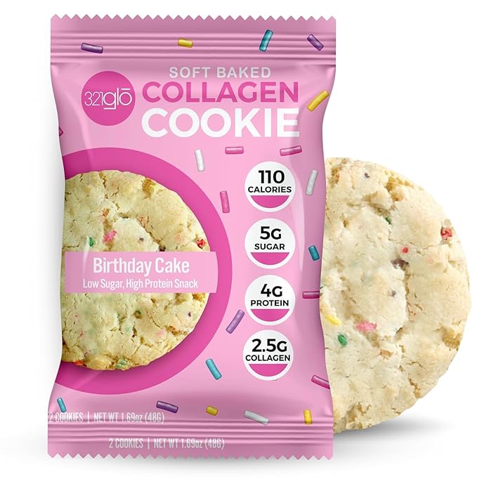 321glo Collagen Cookies | Soft Baked, High Protein Cookies | Low Carb, Low Sugar | Keto Snack for Women, Men, & Kids | 12 Pack (Birthday Cake)