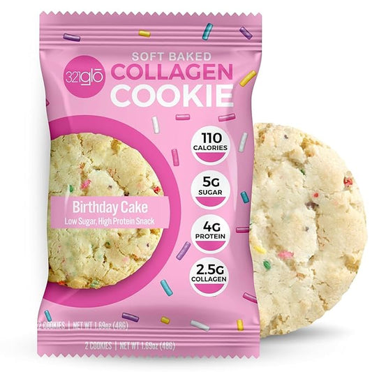 321glo Collagen Cookies | Soft Baked, High Protein Cookies | Low Carb, Low Sugar | Keto Snack for Women, Men, & Kids | 12 Pack (Birthday Cake)