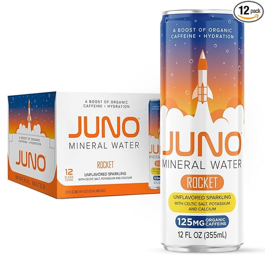 JUNO Rocket Unflavored Sparkling Mineral Water with Organic Caffeine, Celtic Salt, Potassium, and Calcium, 12 Pack