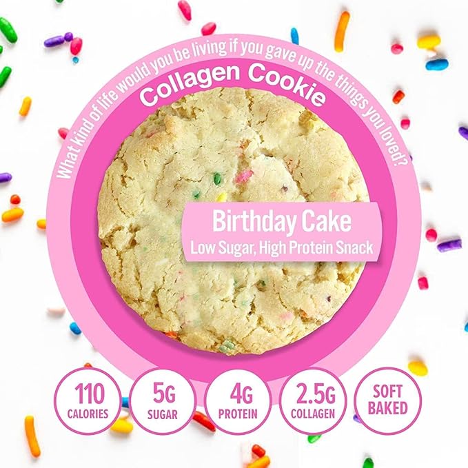 321glo Collagen Cookies | Soft Baked, High Protein Cookies | Low Carb, Low Sugar | Keto Snack for Women, Men, & Kids | 12 Pack (Birthday Cake)