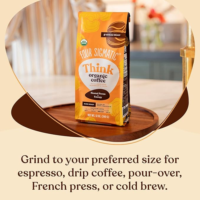 Dark Roast Organic Whole Bean Coffee by Four Sigmatic | Fair Trade Coffee Beans Coated with Lion's Mane, Chaga Mushrooms | Nootropic Mushroom Coffee for Enhanced Brain Function & Immune Support | 12oz