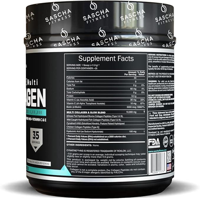 SASCHA FITNESS Hydrolyzed Multi Collagen Peptides 1,2 & 3 |Hyaluronic