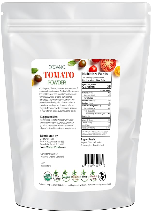 Z Natural Foods Organic Tomato Powder, Antioxidant-Rich Fruit Powder for a Healthy Cardiovascular System, Ideal for Smoothies, Cooking, Baking, and More, Non-GMO, Vegan, Gluten-Free, Kosher, 5 lbs.
