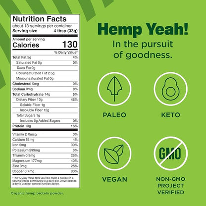 Manitoba Harvest Hemp Yeah! Organic Max 16oz; with 13g of 13g Protein 2.5g Omegas 3&6 per