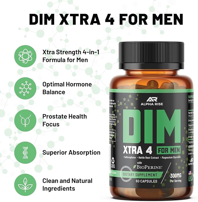 Premium DIM Supplement for Men | Estrogen Blocker & Aromatase Inhibitor | Diindolylmethane, Nettle Root Extract, Magnesium Glycinate & Sulforaphane | Hormone Balance & Liver Protection | 60 Capsules