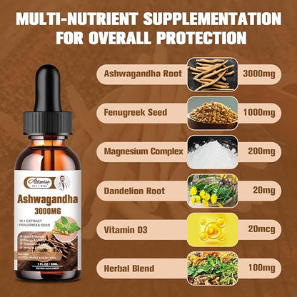 2 Pack Ashwagandha Supplement Liquid Drops 3000mg with VitaminD3,Fenugreek Seeds，Magnesium