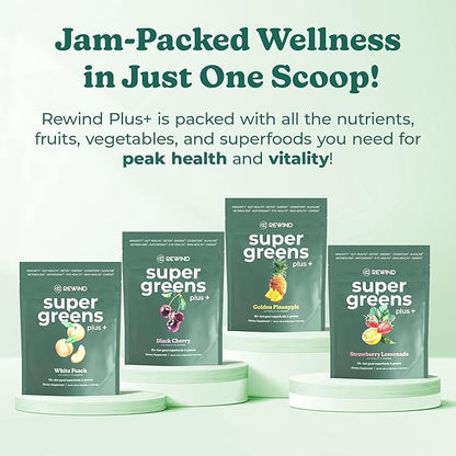 Rewind Greens Plus+ Super Greens Powder - Over 50 Superfoods and Greens - Delicious Powder Greens for The Whole Family - 10 Servings - Golden Pineapple