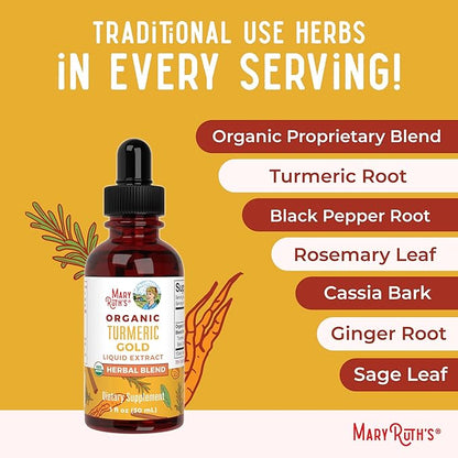 USDA Organic Turmeric Gold Liquid Drops by MaryRuth's | Herbal Blend | Turmeric Curcumin | Black Pepper | Cassia Cinnamon Bark | Ginger Root | Immune Support | Non-GMO Project Verified | Vegan | 1oz
