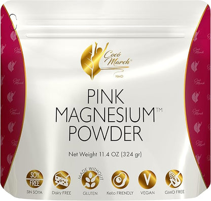 Coco March Pink Magnesium Powder - Promotes Sleep, Relaxation and Healthy Brain Function, Strawberry Flavor - Free from: Gluten, Dairy, GMOs, Soy, Vegan, Keto Friendly - 45 Day Supply