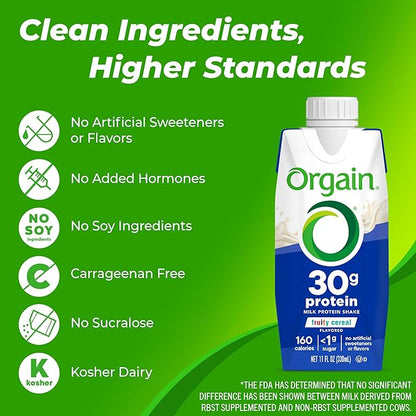 Orgain 30g High Protein Shake, Dairy Isolate Milk Protein, Fruity Cereal, 6g BCAAs, <1g Sugar Per Serving, Meal Replacement, Ready to Drink, Keto Friendly, Gluten-Free 11 Fl Oz (Pack of 12)