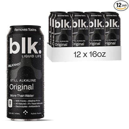 Blk. PH 8+ Natural Alkaline Mineral Still Water Electrolyte Infused with Fulvic and Amino Acids, Zero Sugar Drink, Original, 16.9 Ounce, Pack of 12