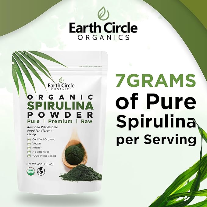 Earth Circle Organics Spirulina Powder, Kosher, Raw and Non-Irradiated | Pure Vegan Protein | Premium Superfood, High in Amino Acids and Antioxidants - 4 Ounce (2 Packs)