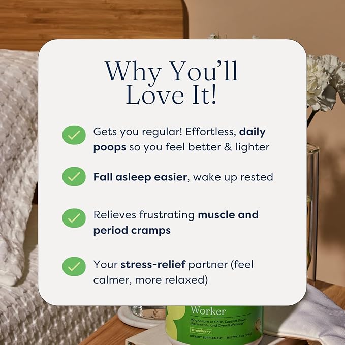 The Miracle Worker Magnesium Powder Supplement: Reduce Stress and Improve Sleep Quality and Regularity While Easing Muscle Cramps, Strawberry Flavor, 30 Servings