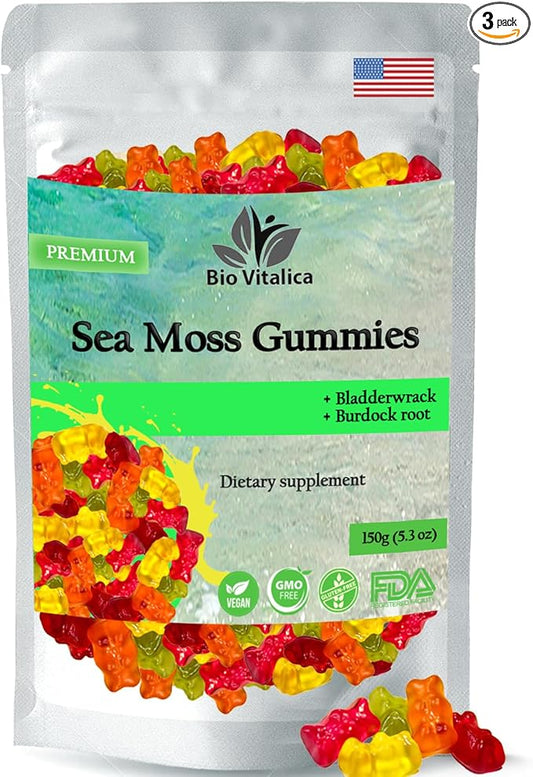 Sea Moss Gummies - Irish sea Moss raw Organic, Bladderwrack, Burdock Root. Contains Sea Moss Gel and Powder. Superfoods for Vegan, Keto and Dr Sebi Diet. Immune Boosting (3, Original)