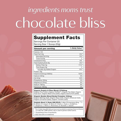 Boobie Body Superfood Protein Shake for Moms, Pregnancy Protein Powder, Lactation Support to Increase Milk Supply, Probiotics, Organic, Diary-Free, Gluten-Free, Vegan - Chocolate Bliss (20 Servings)
