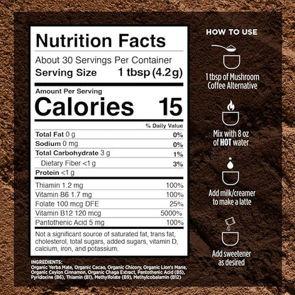 VitaCup Mushroom Coffee Alternative Instant Drink Mix | Mushroom Based Coffee Substitute for Natural Energy & Focus | Lion’s Mane, Yerba Mate, & Chaga | Cacao, Cinnamon, & B Vitamins | 30 Servings