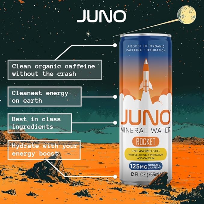 JUNO Rocket Unflavored Still Mineral Water, Hydration Energy Drink with 125mg Organic Caffeine from Green Coffee Beans, Celtic Salt, Potassium, and Calcium, 12 Pack