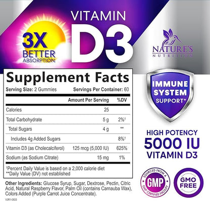 Vitamin D3 Gummy Vitamins Extra Strength 5000 IU (125 mcg) 120 Gummies