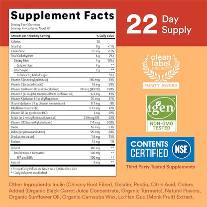 SmartyPants Kids Multivitamin Gummies and Fiber 3 Fish D3, C, B12, B6, B6, Vitamin 90 Count (22 Day