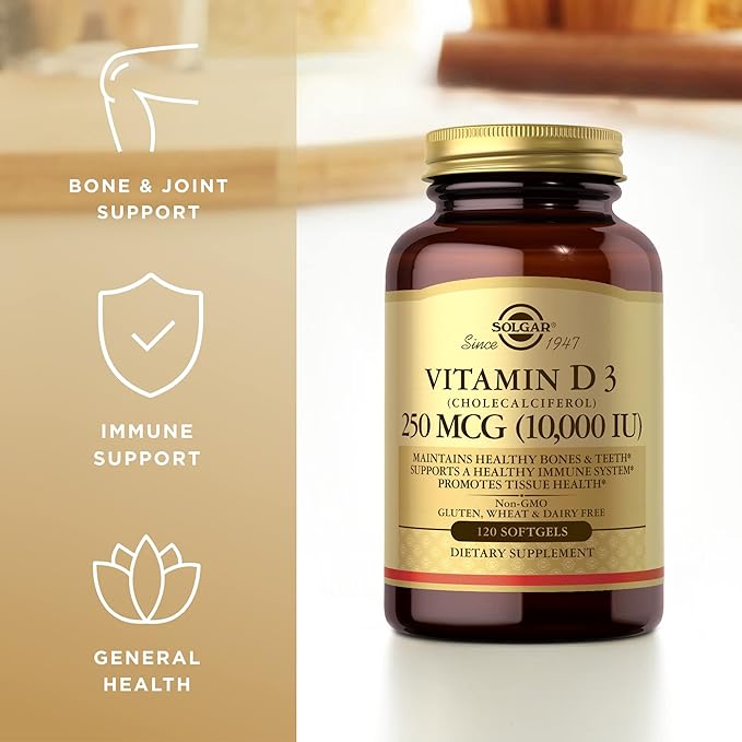 SOLGAR Vitamin D3 (Cholecalciferol) 250 MCG (10,000 IU), 120 Softgels 2 Pack 120 Servings