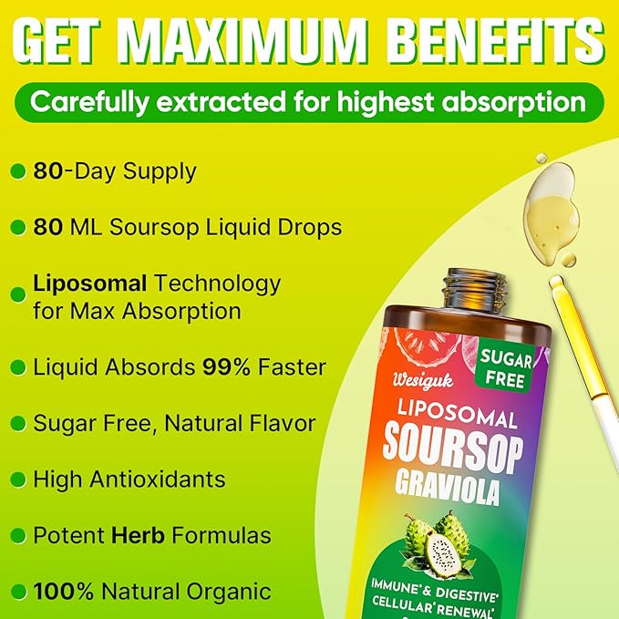 Soursop Bitters Liquid 880MG, Soursop Multivitamin Liquid Drops with Soursop Leaves Herbal Blend, for Cell Support & Regeneration, Immunity, Liver, Gut, Zzz & Antioxidant | 320 Days Supply