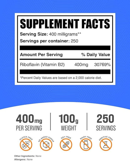 BulkSupplements.com Riboflavin Powder - as Vitamin B2, Vitamin B2 Supplement - Riboflavin 400mg, B Vitamins for Wellness, Gluten Free, 400mg per Serving, 100g (3.5 oz) (Pack of 1)