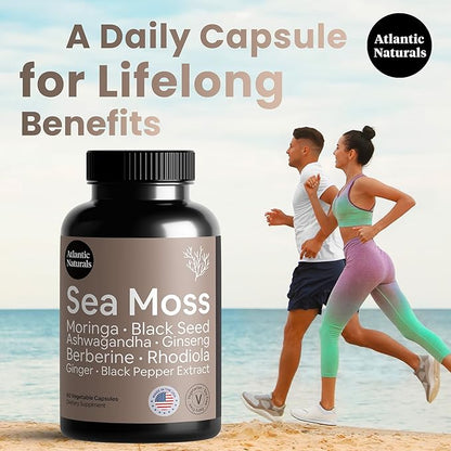 Atlantic Naturals Sea Moss Black Seed Oil Ashwagandha Ginger Capsules. Sea Moss with Black Seed Oil, Ashwagandha, Ginseng, Moringa Pure Supplement, 9-in-1 6,027 mg/Serving (60 Capsules)
