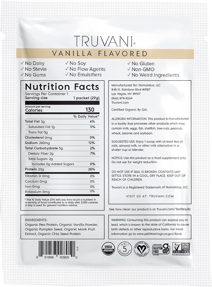 Truvani Vegan Pea Protein Powder 20g Organic 1 Serving