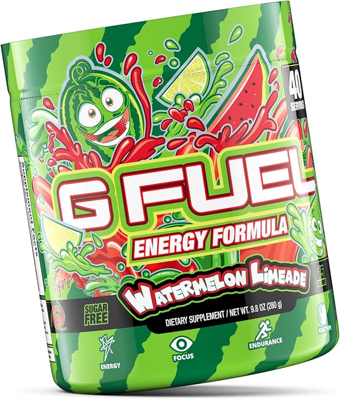 G Fuel Watermelon Limeade Energy Drink Powder, Pre Workout Caffeine Powder, Energy Powder Drink Mix for Gaming, Sugar Free Focus Amino, Vitamin + Antioxidants, 9.9oz (Watermelon Limeade, 40 Servings)
