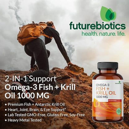Futurebiotics Omega-3 Fish + Krill Oil 1000 MG Omega-3 EPA/DHA 120 Softgels (60 Servings)