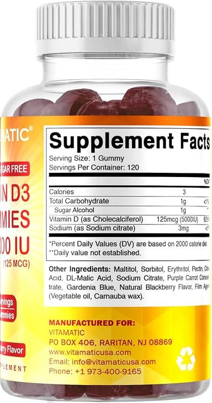 Vitamatic Sugar Free Vitamin D3 5000 IU 120 Gummies 120 Servings (5000 IU)