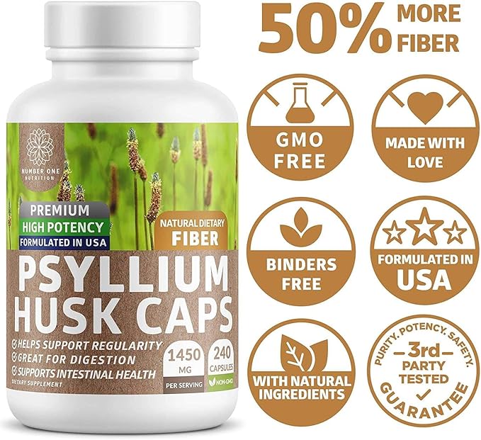 N1N Premium Psyllium Husk Capsules [All Natural,1450 MG] 240 Caps