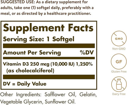 Solgar Vitamin D3 (Cholecalciferol) 250 MCG (10,000 IU), 120 Softgels 120 Servings