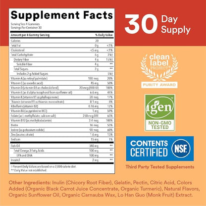 SmartyPants Kids Multivitamin Gummies and Fiber 3 Fish D3, C, B12, B6, B6, Vitamin 120 Count (30 Day