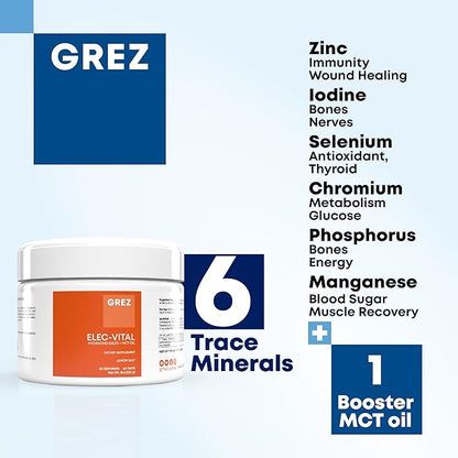 GREZ ELEC-Vital Electrolytes Powder No Sugar - Hydration Powder, Keto Electrolytes No Sugar - Complete Mineral Support, Sodium, Potassium, Magnesium, Zinc - 60 Servings