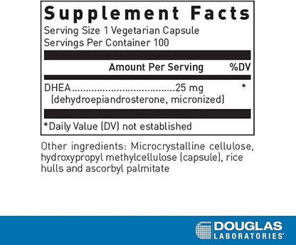 Douglas Laboratories DHEA 25 mg Capsules - Micronized - Supports Hormone Balance, Immunity, Brain, Bone Health & Metabolism* - Non-GMO - 100 Vegetarian Capsules