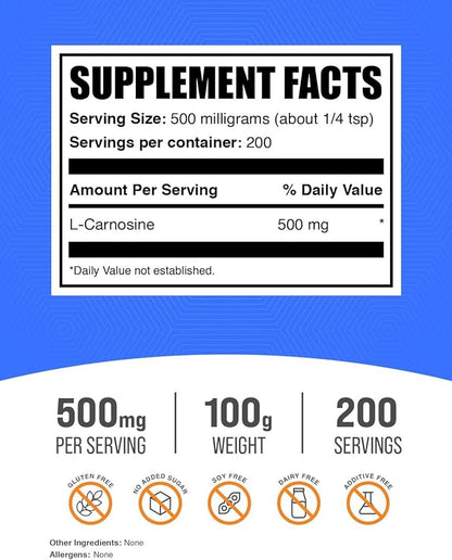BulkSupplements.com L-Carnosine Powder - Carnosine Supplement, Carnosine 500mg - Amino Acid Supplement, Gluten Free, 500mg per Serving, 100g (3.5 oz) (Pack of 1)