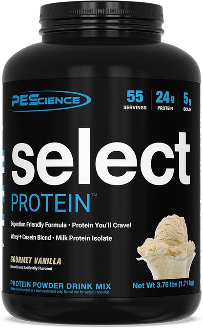 PEScience Select Protein Powder – Gourmet Vanilla, 55 Servings, Whey & Casein Blend for Muscle Growth & Recovery, Low Carb, Low Fat, Gluten-Free, 24g Protein Powder Per Serving, Great Tasting Flavors