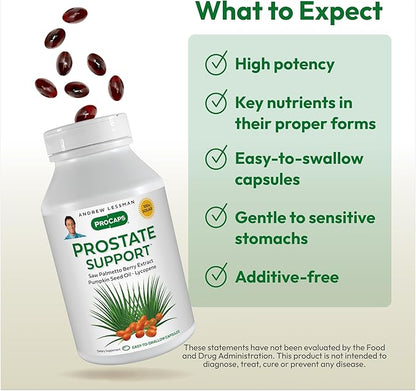 ANDREW LESSMAN Prostate Support Supplement for Men's Health, 180 Softgels, No Additives - Saw Palmetto for Men, Pumpkin Seed Oil, Lycopene & Omega-3 for Prostate Health, Urinary & Bladder Function