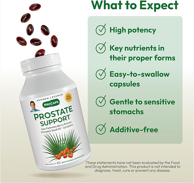 ANDREW LESSMAN Prostate Support Supplement for Men's Health, 60 Softgels, No Additives - Saw Palmetto for Men, Pumpkin Seed Oil, Lycopene & Omega-3 for Prostate Health, Urinary & Bladder Function