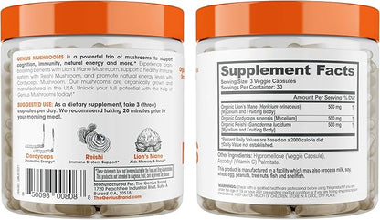 Genius Mushroom Supplement - Lions Mane, Cordyceps, Reishi - Brain Nootropic for Energy, Focus, Overall Wellness, & Immune Support - 90 Capsules
