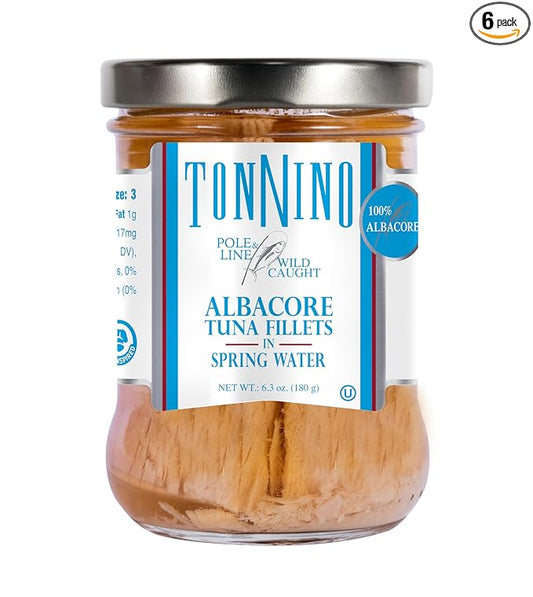 Tonnino Albacore Tuna in Water 6.3 oz - Premium 6-Pack Omega-3 Rich, High Protein, Gluten-Free, Ready-to-Eat Tuna Packets for Tuna Salad, Tuna Fish Alternative to Salmon, Kosher, Pole & Line Caught