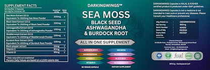 Sea Moss Advanced - Irish Sea Moss 3000mg Black Seed Oil 2000mg Ashwagandha 1000mg Bladderwrack 1000mg Burdock 1000mg Vitamins C&D - Sea Moss Overall Health, Immunity Support, 60 Sea Moss Capsules