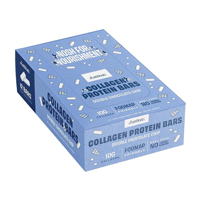 JustNosh Collagen Protein Bars, 10g Collagen, 15g Protein, Gluten Free, Dairy Free, FODMAP Friendly, Seed Oil Free Certified, Clean Ingredients | Double Chocolate Chip (12 Pack)