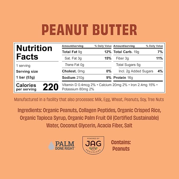 JustNosh Collagen Protein Bars, 10g Collagen, 16g Protein, Gluten Free, Dairy Free, FODMAP Friendly, Seed Oil Free Certified, Clean Ingredients | Peanut Butter (12 Pack)
