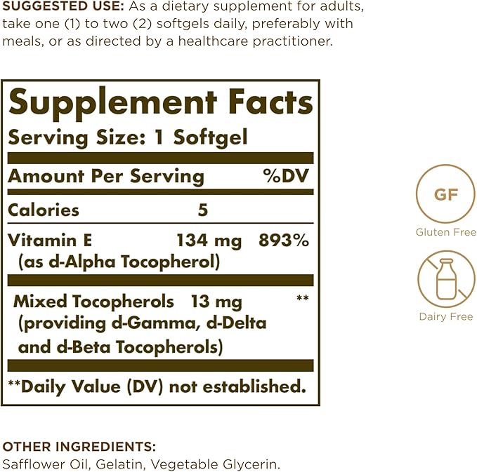SOLGAR Vitamin E 200 IU - 100 Softgels, Pack of 2 - Natural Antioxidant, Immune System Support - Gluten Free, Dairy Free - 200 Total Servings