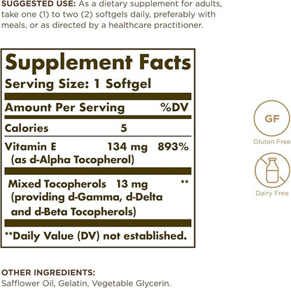 SOLGAR Vitamin E 200 IU - 100 Softgels, Pack of 2 - Natural Antioxidant, Immune System Support - Gluten Free, Dairy Free - 200 Total Servings